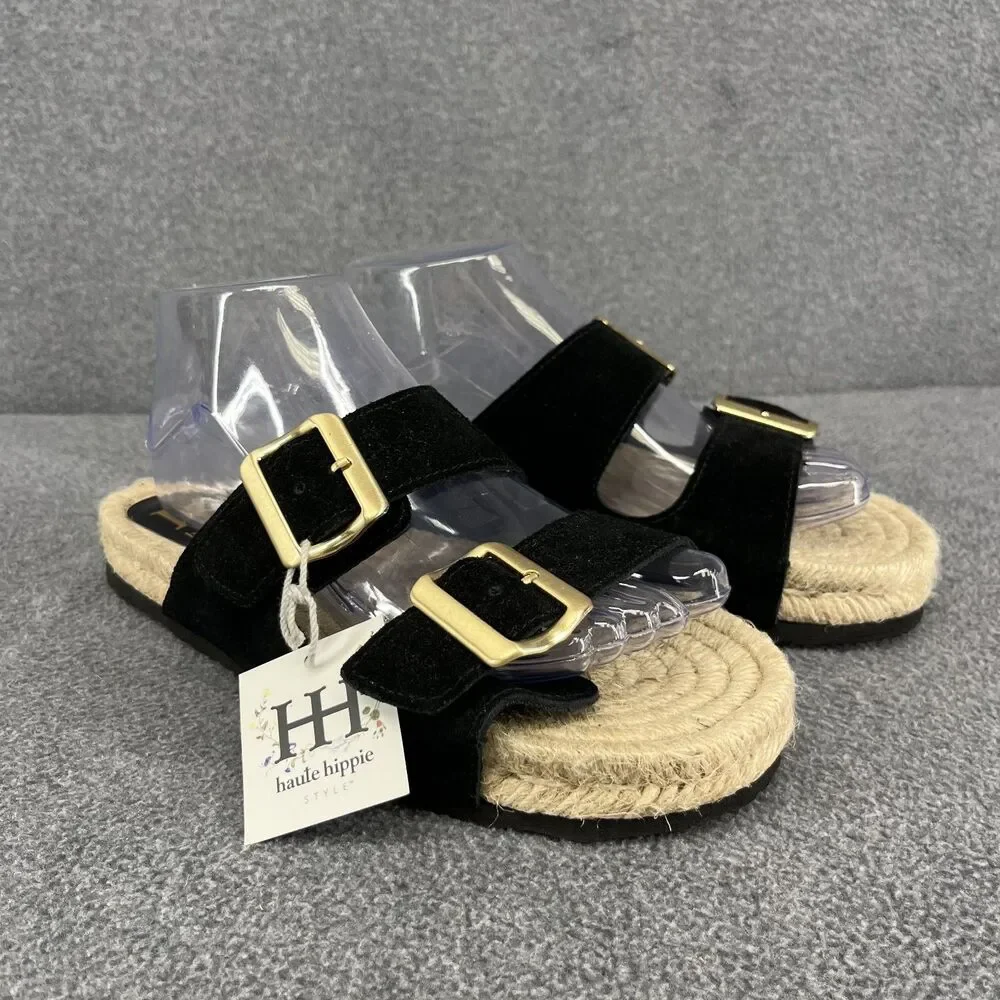 Haute Hippie Sandals Womens 7.5 black genuine suede‎ espadrille slip on buckle